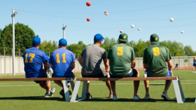 Baseballspieler auf einer Bank Rückenansicht