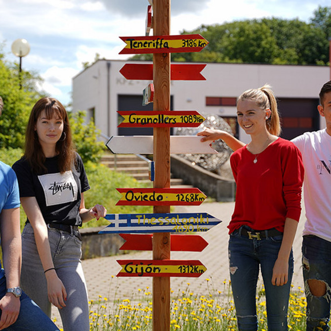 Vier Jugendliche an einem Wegweiser