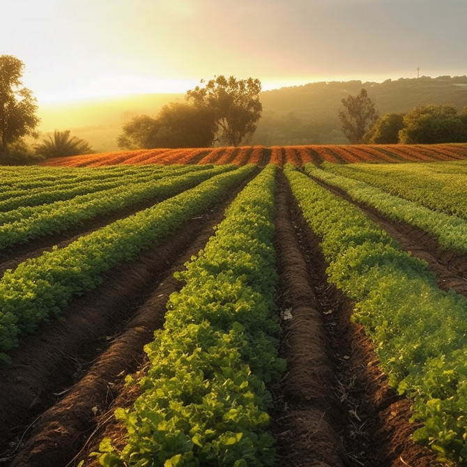 Blick auf einen Acker mit Pflanzenreihen
