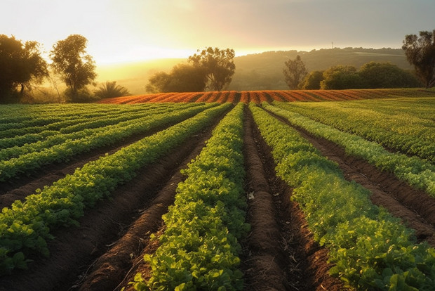Blick auf einen Acker mit Pflanzenreihen