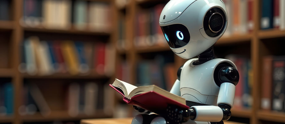 Roboter-KI sitzt in der Bibliothek und liest ein Buch. Konzept der Texterstellung, KI-Training und Informationssystematisierung