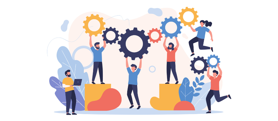 Illustration mit Zahnrädern und Personen