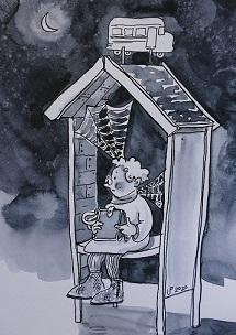 Cartoon einer Dame an einer Bushaltestelle